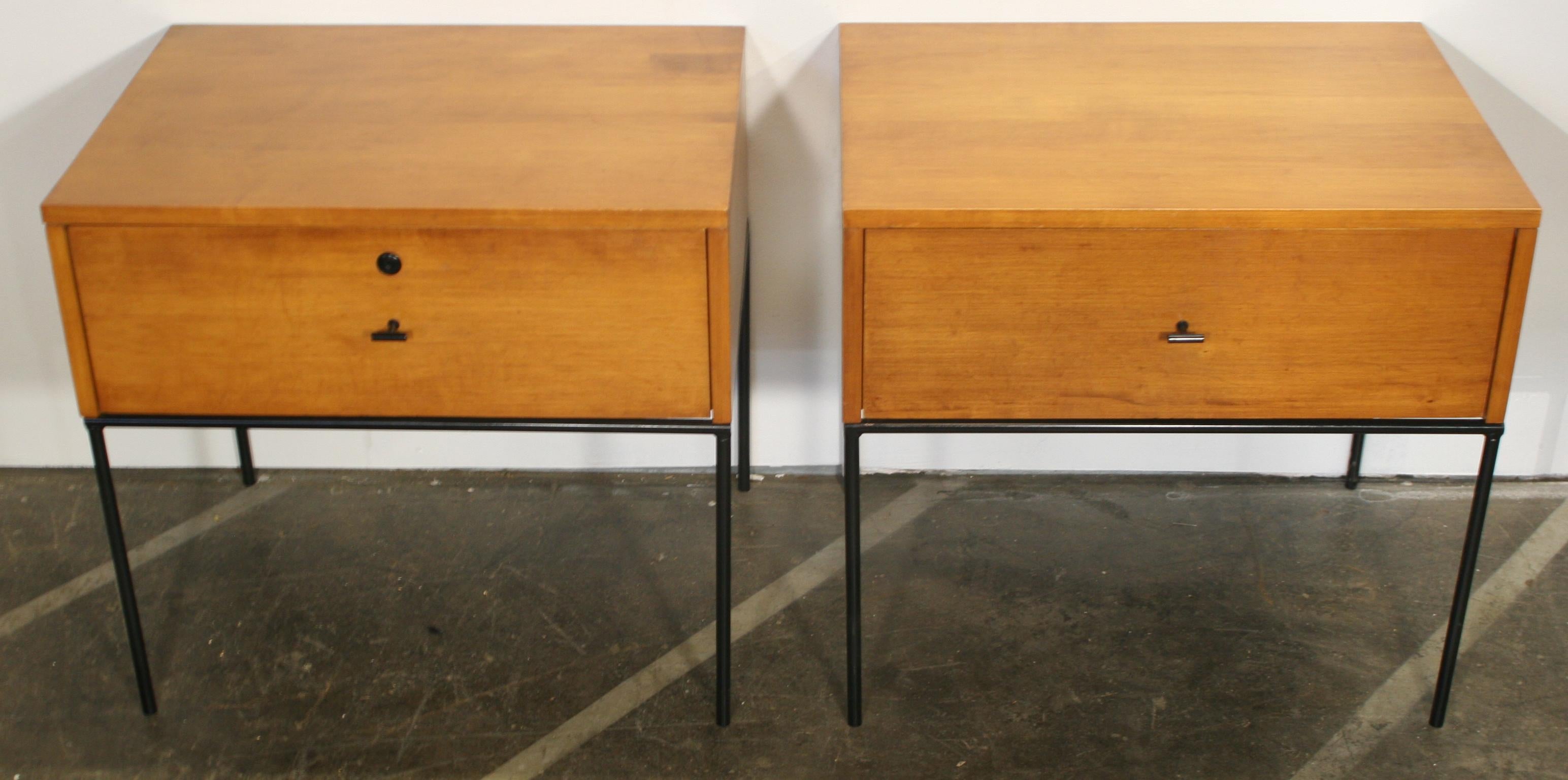 Mid-Century Modern Midcentury Paul McCobb Single Drawer #1500 Nightstands Tobacco T Pulls Locking