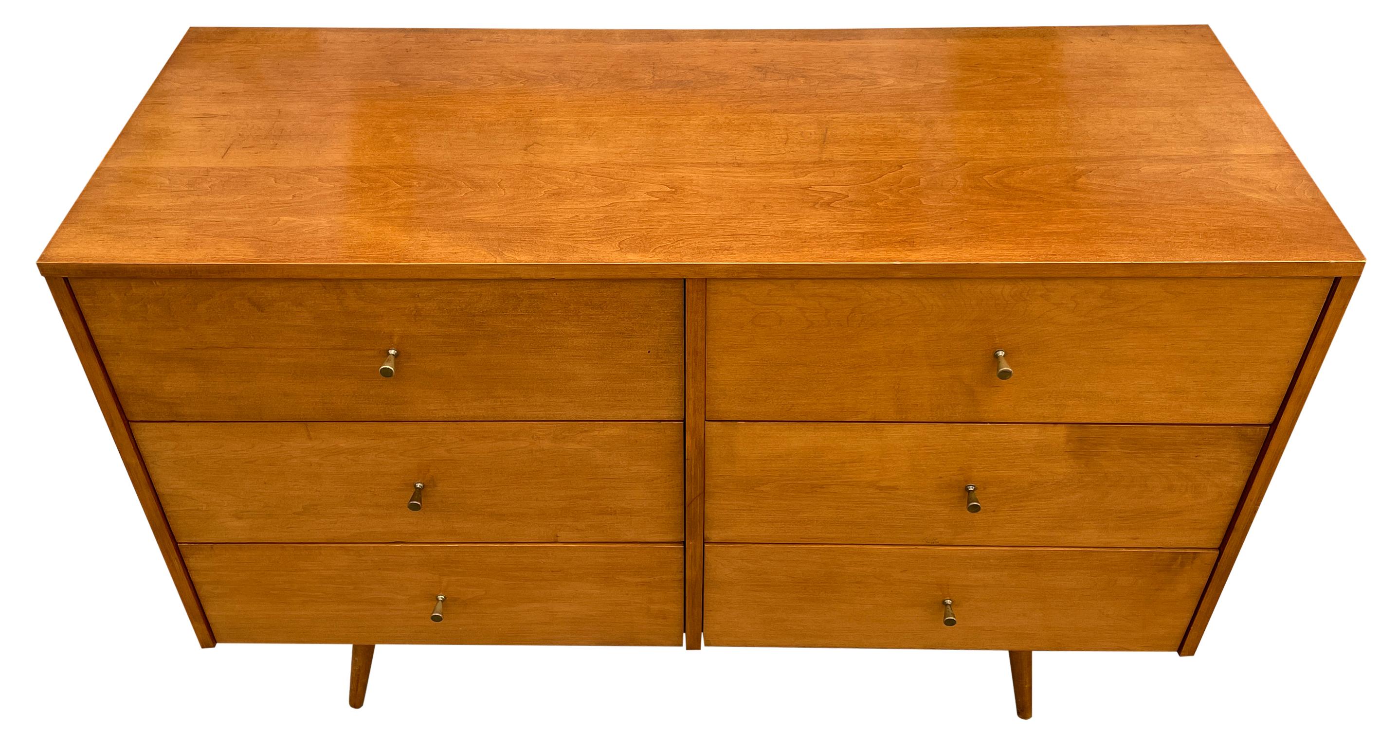 Vintage midcentury super clean Paul McCobb six-drawer dresser credenza Planner Group #1509. Beautiful dresser by Paul McCobb circa 1950s Planner Group, Six drawer, solid maple, Original Brass knob pulls. Sits on 4 Solid maple tapered legs. Clean