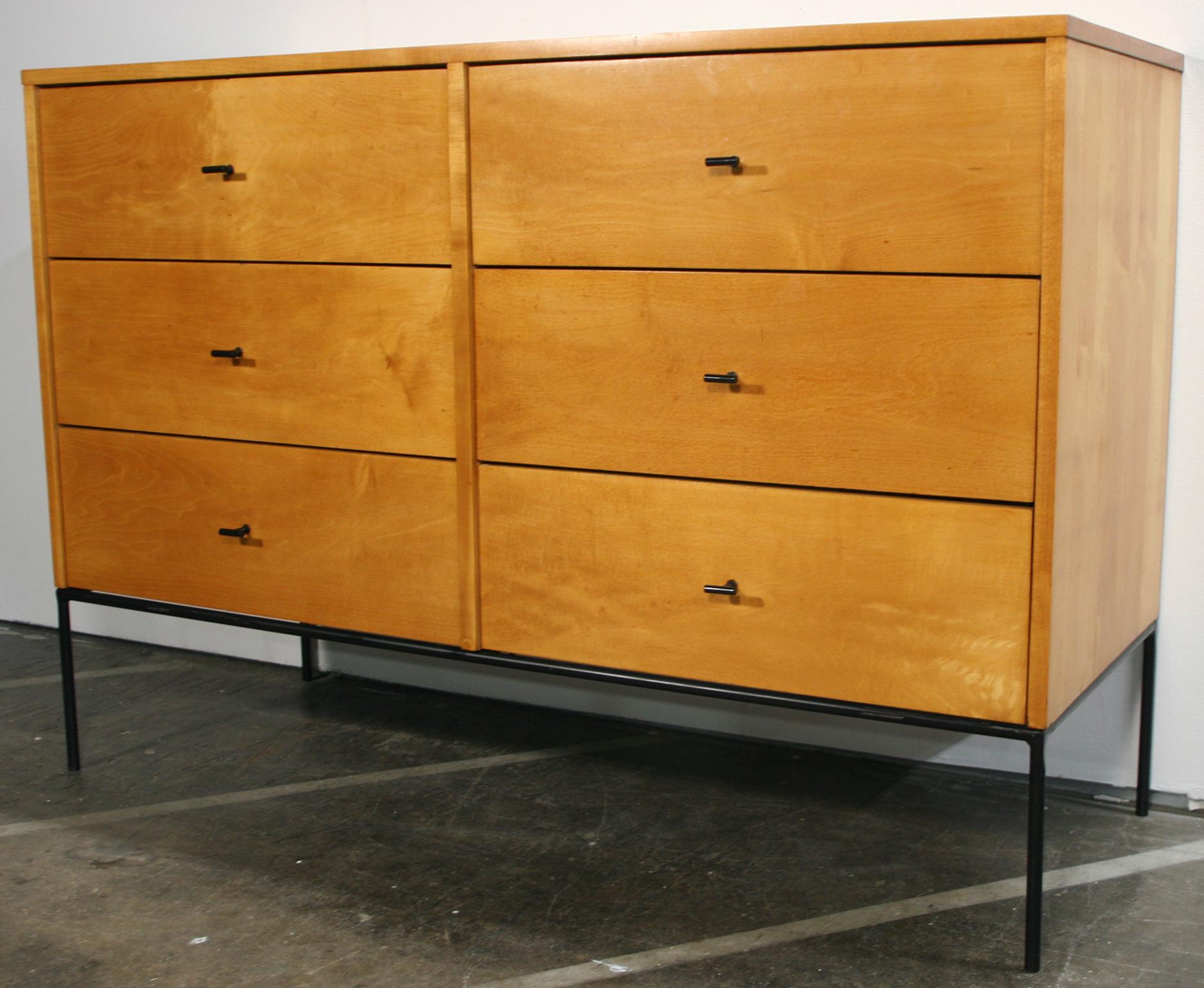 Vintage midcentury super clean fully restored Paul McCobb six-drawer dresser credenza Planner Group #1509. Beautiful dresser by Paul McCobb circa 1950s Planner Group, 6 drawer, solid maple, black T pulls. Rare black iron base. Clean inside and out.