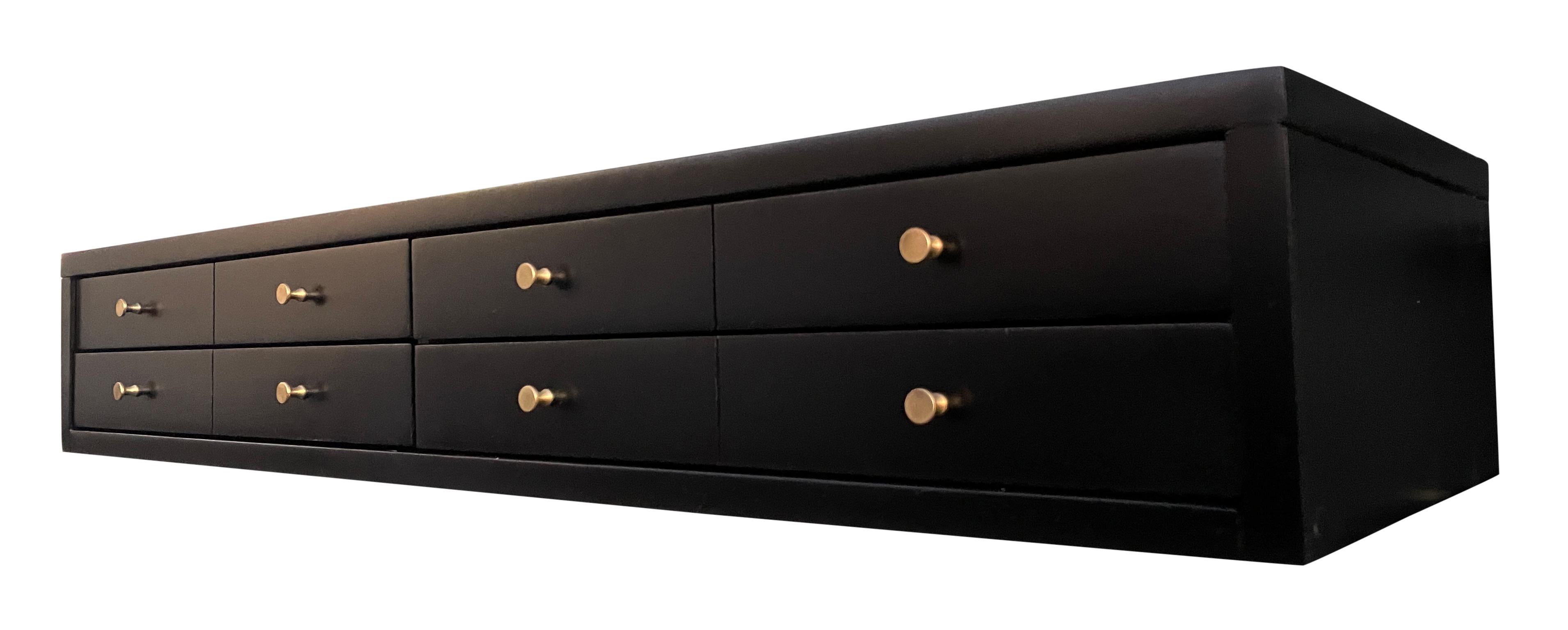 Midcentury Paul McCobb Small Jewelry Chest 4 Drawers Maple Brass Black Finish In Good Condition In BROOKLYN, NY