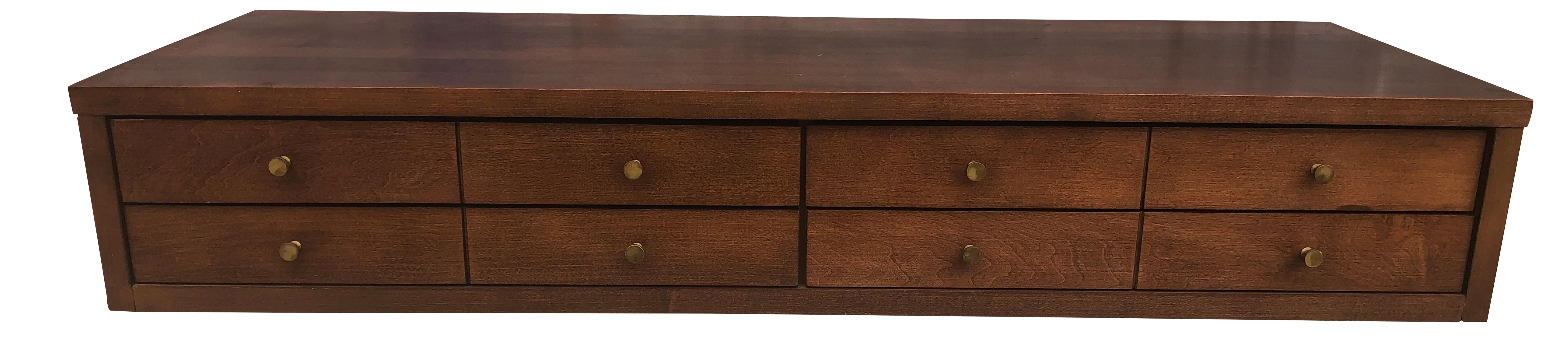 Nice Paul Mccobb 3' small chest of drawers in solid maple construction with dark walnut finish. Very high quality construction with original brass pulls. Made for top of dresser or bookcase. 8 brass knobs 4 drawers. Planner Group, Winchendon Mass.