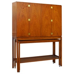 Used Midcentury Paul McCobb Style Tall Bar Bifold Door Cabinet with Console Cart