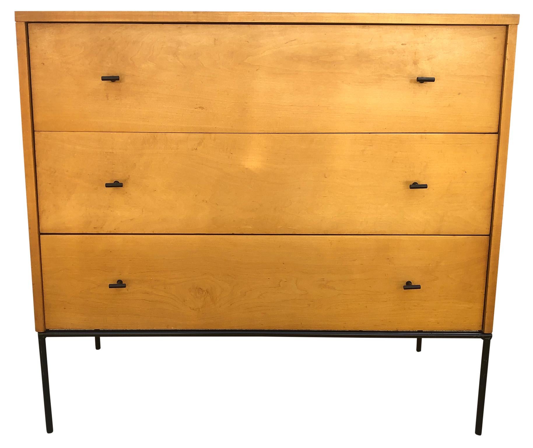 Vintage midcentury Paul McCobb three-drawer dresser credenza Planner Group #1508. Beautiful dresser by Paul McCobb circa 1950s Planner Group, 3 drawer, solid maple, black T pulls. Black iron base. Clean inside and out. Original vintage condition