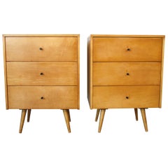 Midcentury Paul McCobb Triple Drawer #1506 Nightstands Blonde Maple Black Pulls