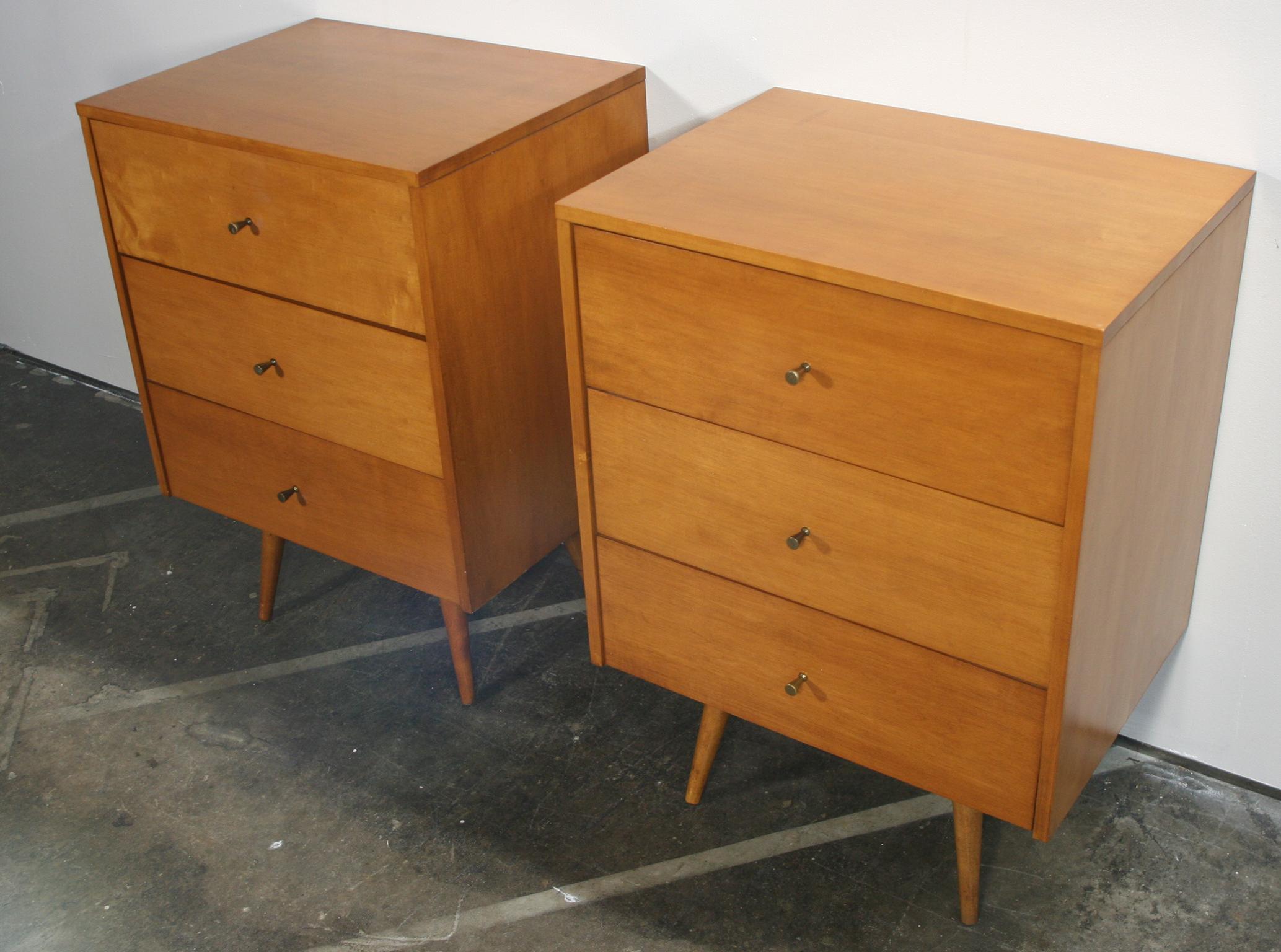 Mid-Century Modern Midcentury Paul McCobb Triple Drawer #1506 Nightstands Blonde Maple Brass Pulls