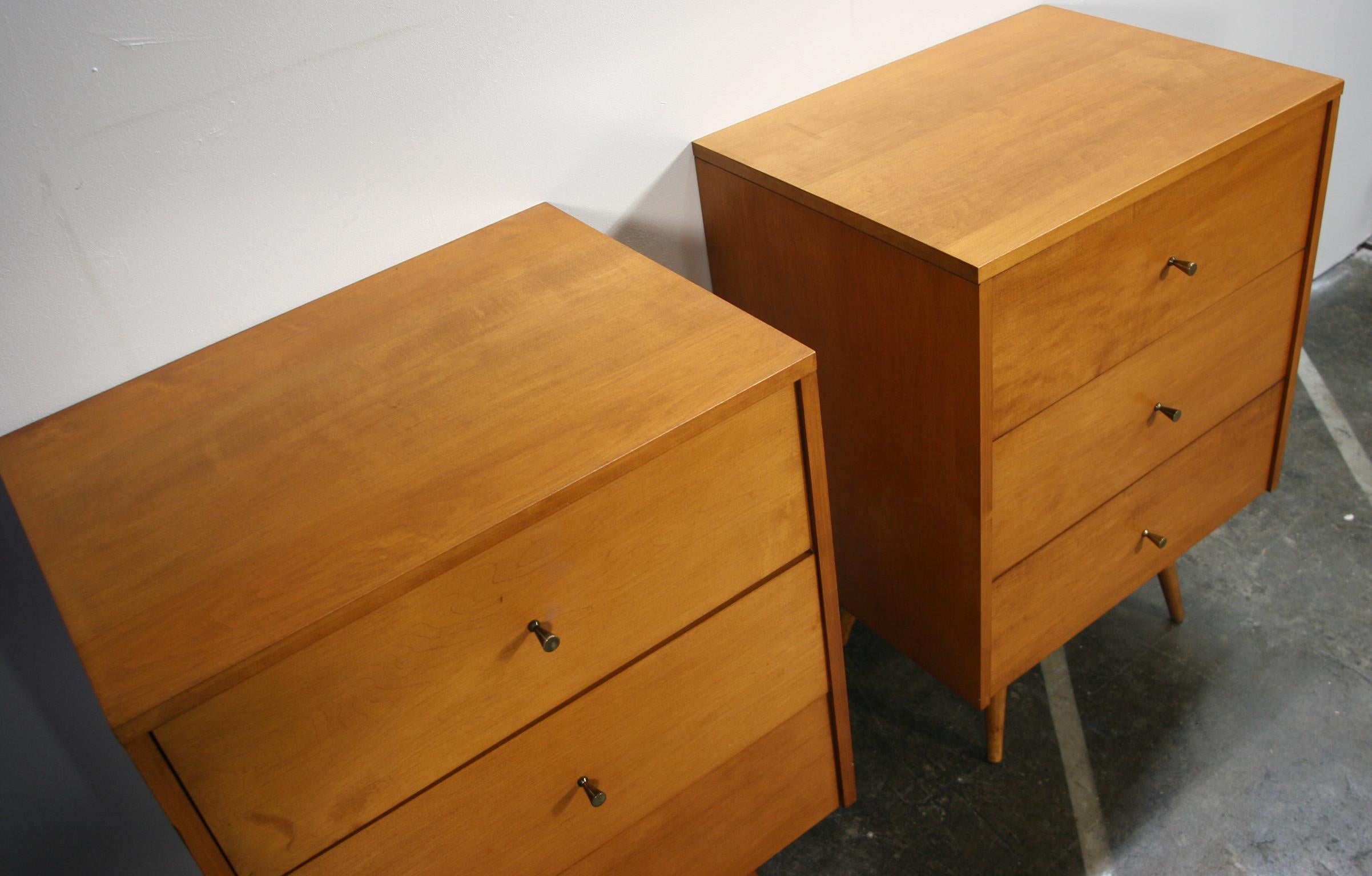 20th Century Midcentury Paul McCobb Triple Drawer #1506 Nightstands Blonde Maple Brass Pulls