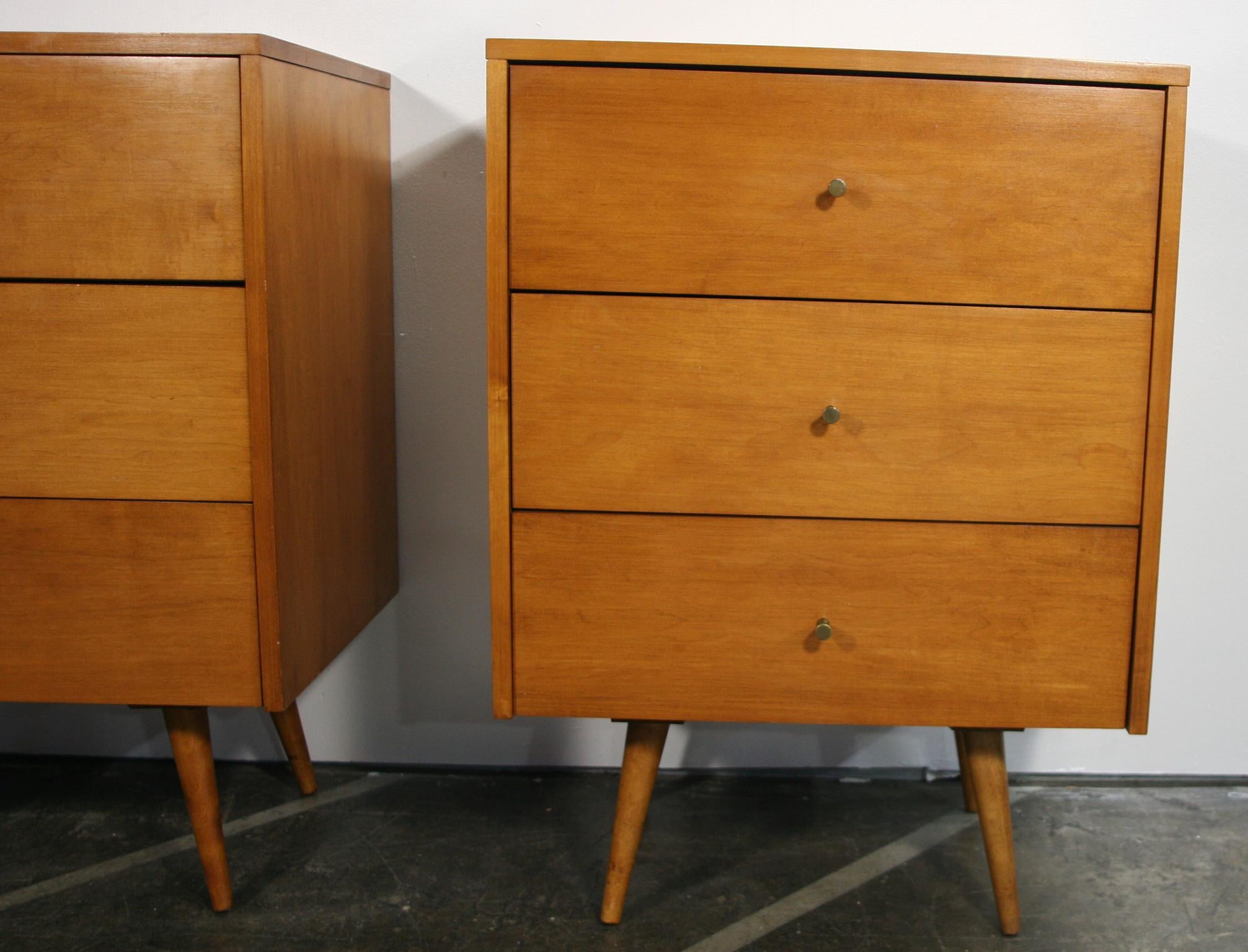 Midcentury Paul McCobb Triple Drawer #1506 Nightstands Blonde Maple Brass Pulls 2