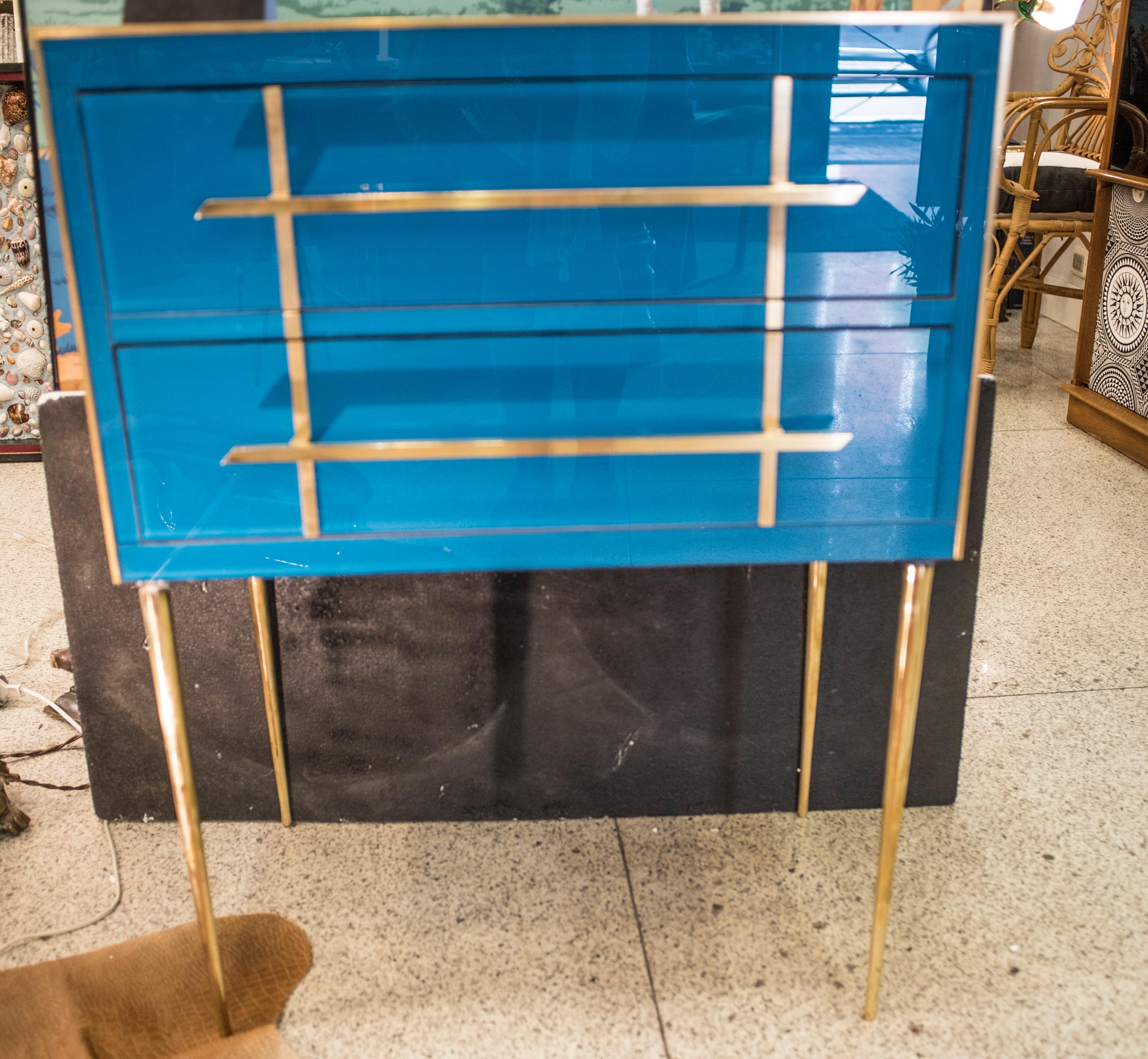 Midcentury Peacok Blue Murano Crystal and Brass Italian Chest of Drawers 5