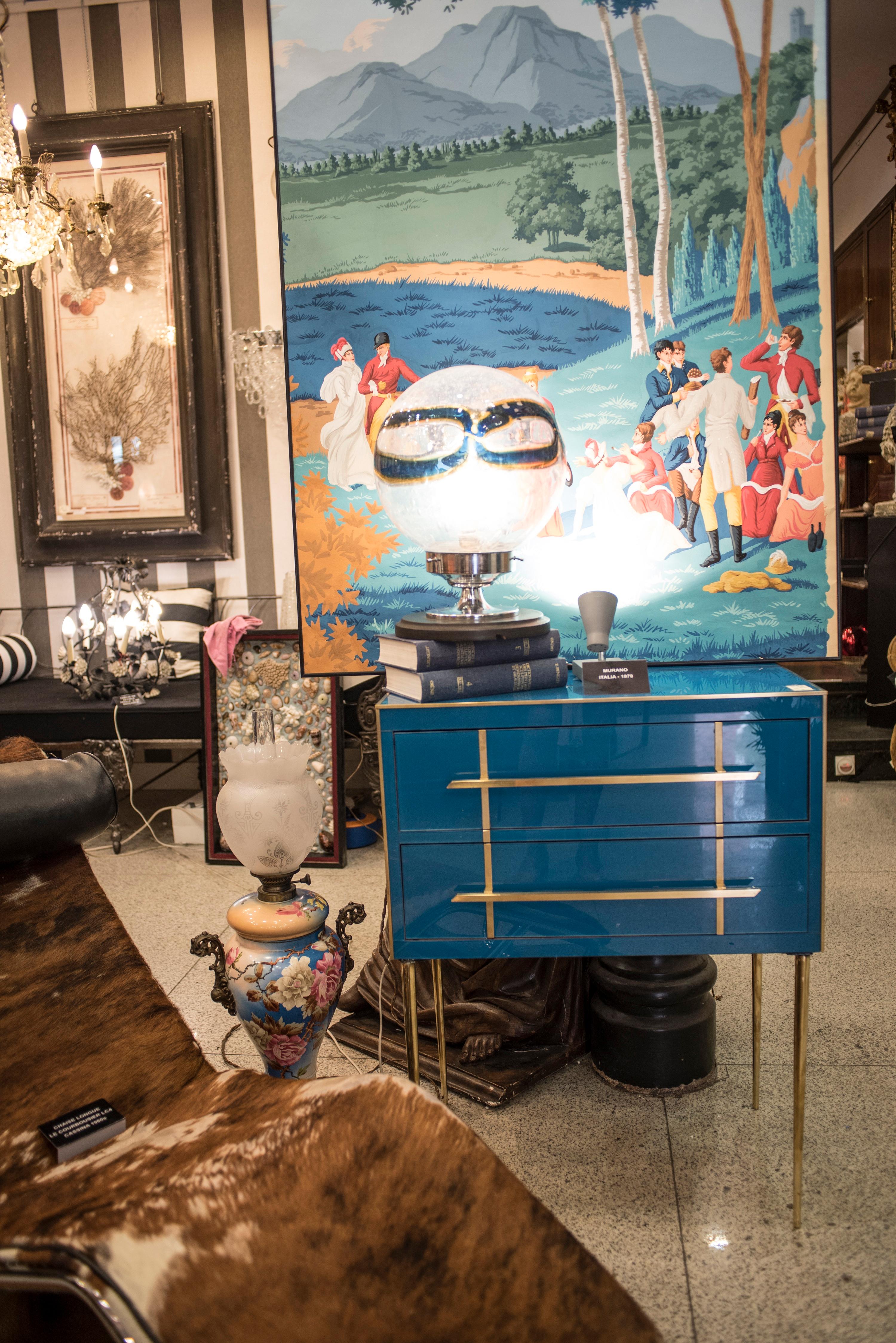 Midcentury Peacok Blue Murano Crystal and Brass Italian Chest of Drawers In Good Condition In Valladolid, ES