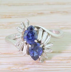 Midcentury Pear Cut Sapphire and Baguette Cut Diamond Ring