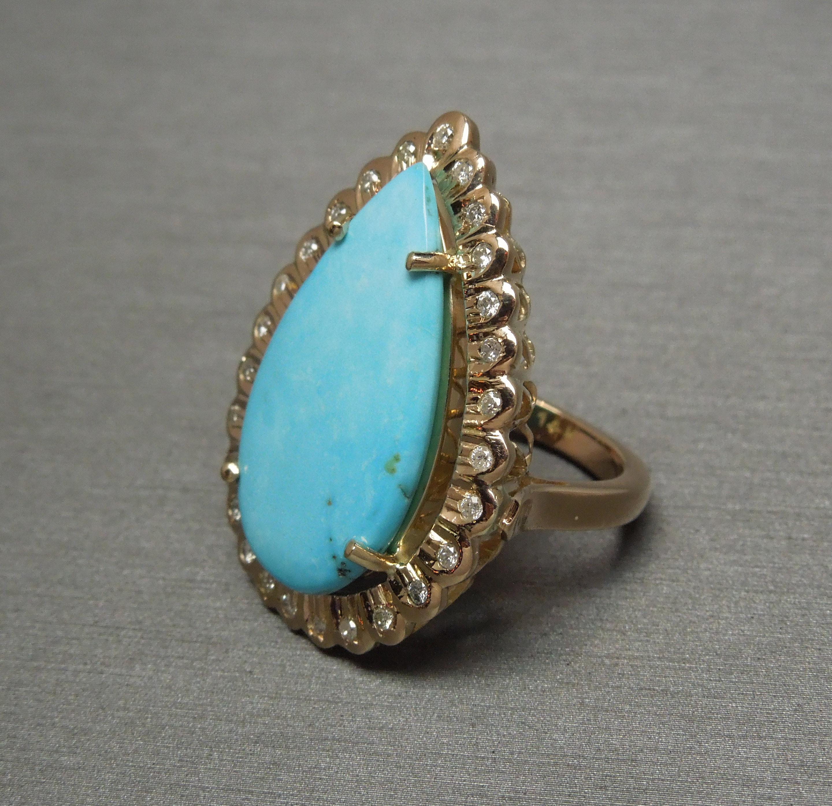 Midcentury Pear Turquoise and Diamond Ring In Excellent Condition For Sale In METAIRIE, LA