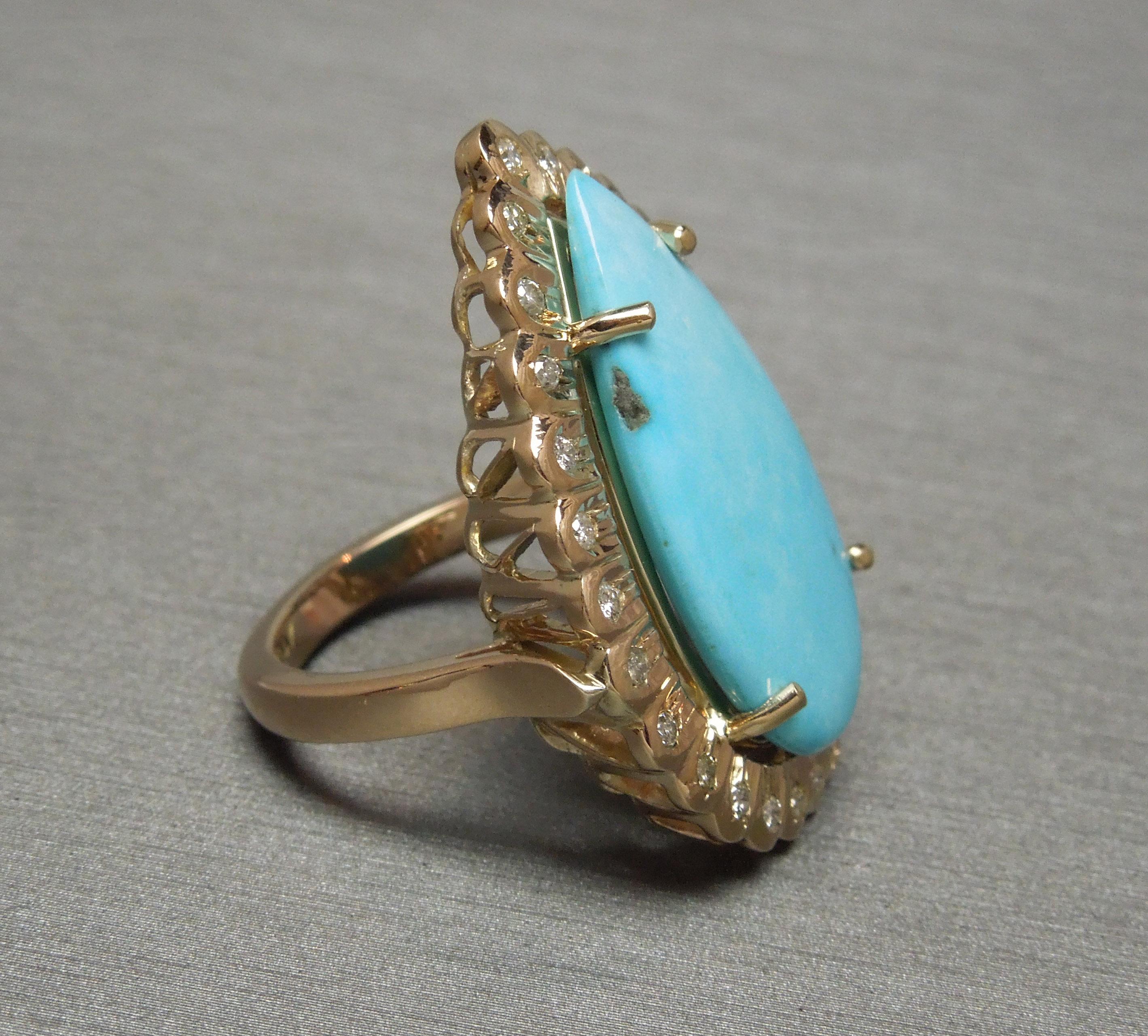 Women's Midcentury Pear Turquoise and Diamond Ring For Sale