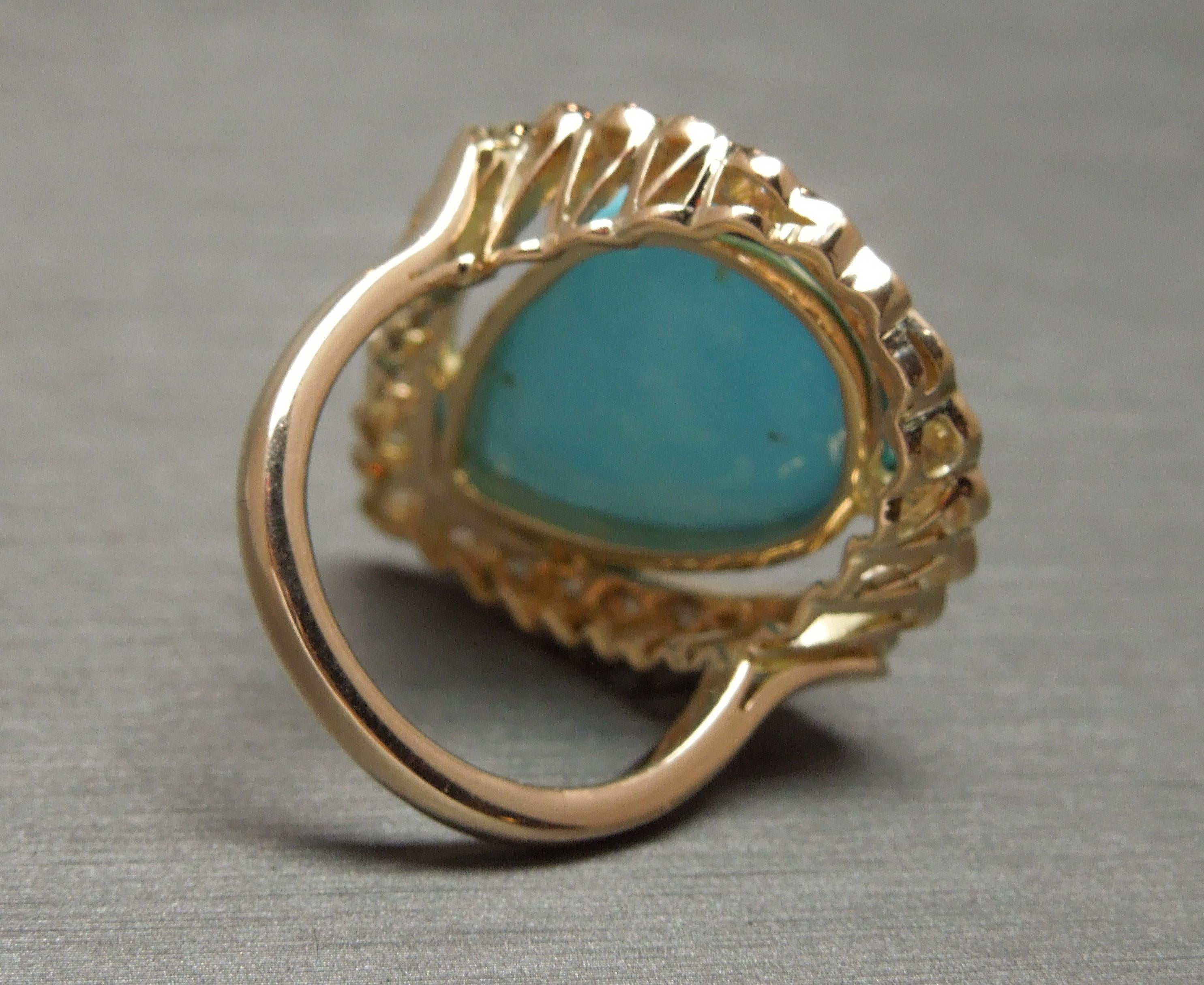 Midcentury Pear Turquoise and Diamond Ring For Sale 1