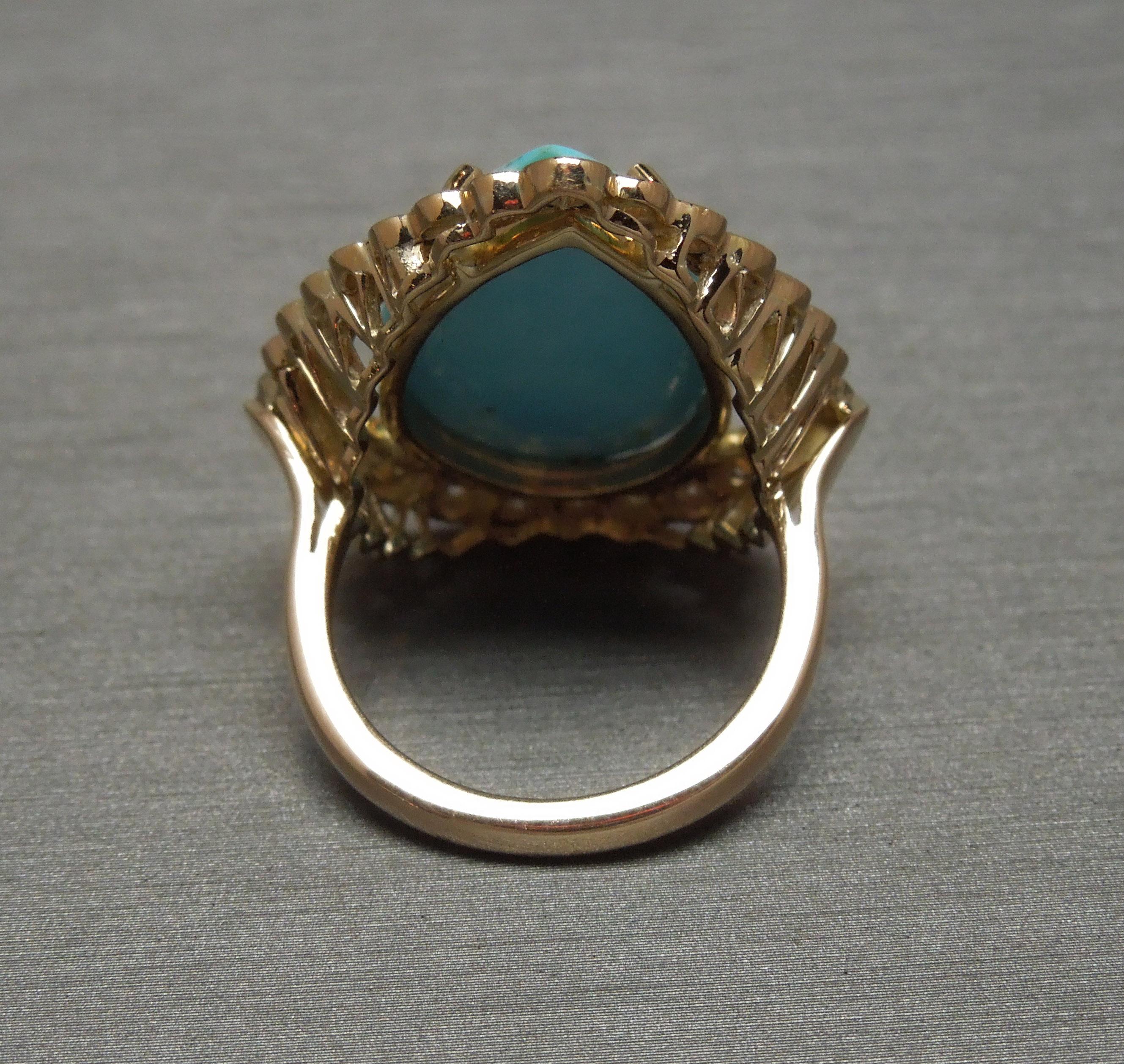 Midcentury Pear Turquoise and Diamond Ring For Sale 2