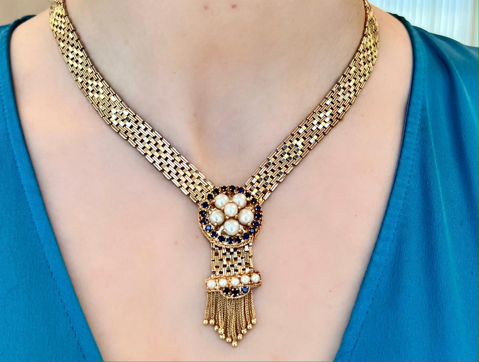 Midcentury Pearl and Sapphire Woven Collar Necklace in 14K Yellow Gold For Sale 4