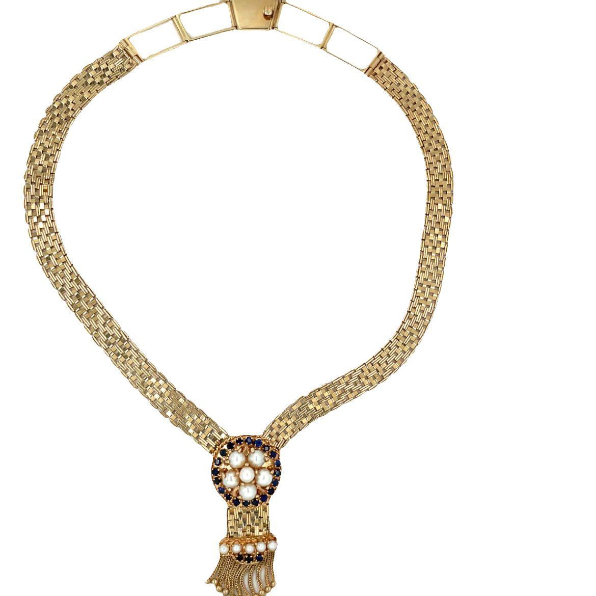 Retro Midcentury Pearl and Sapphire Woven Collar Necklace in 14K Yellow Gold For Sale
