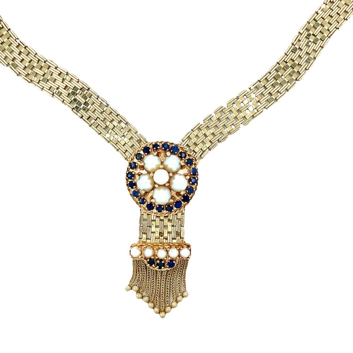 Round Cut Midcentury Pearl and Sapphire Woven Collar Necklace in 14K Yellow Gold For Sale