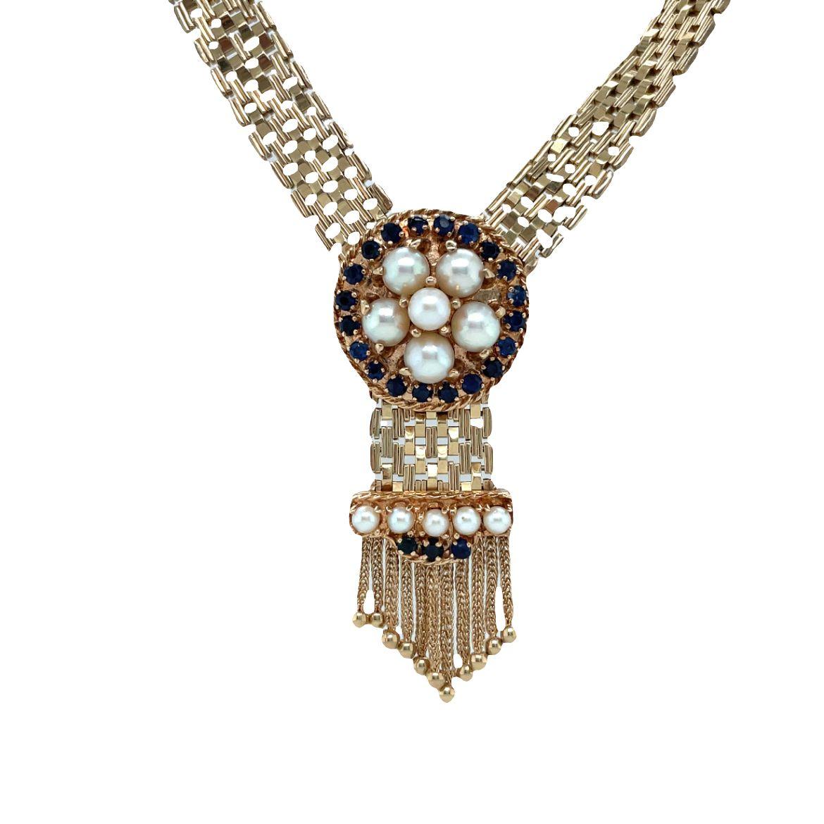 Midcentury Pearl and Sapphire Woven Collar Necklace in 14K Yellow Gold In Excellent Condition For Sale In beverly hills, CA