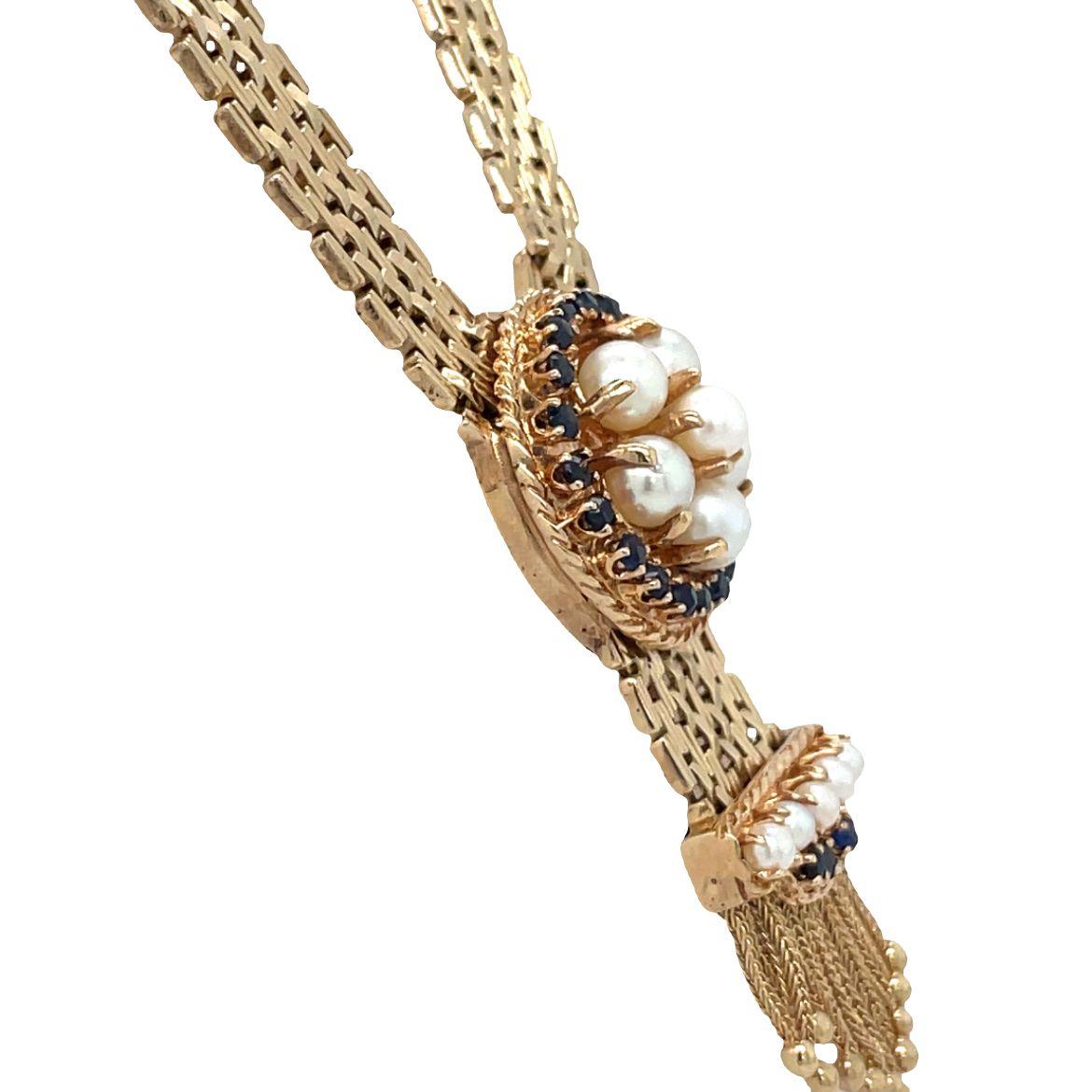Women's Midcentury Pearl and Sapphire Woven Collar Necklace in 14K Yellow Gold For Sale