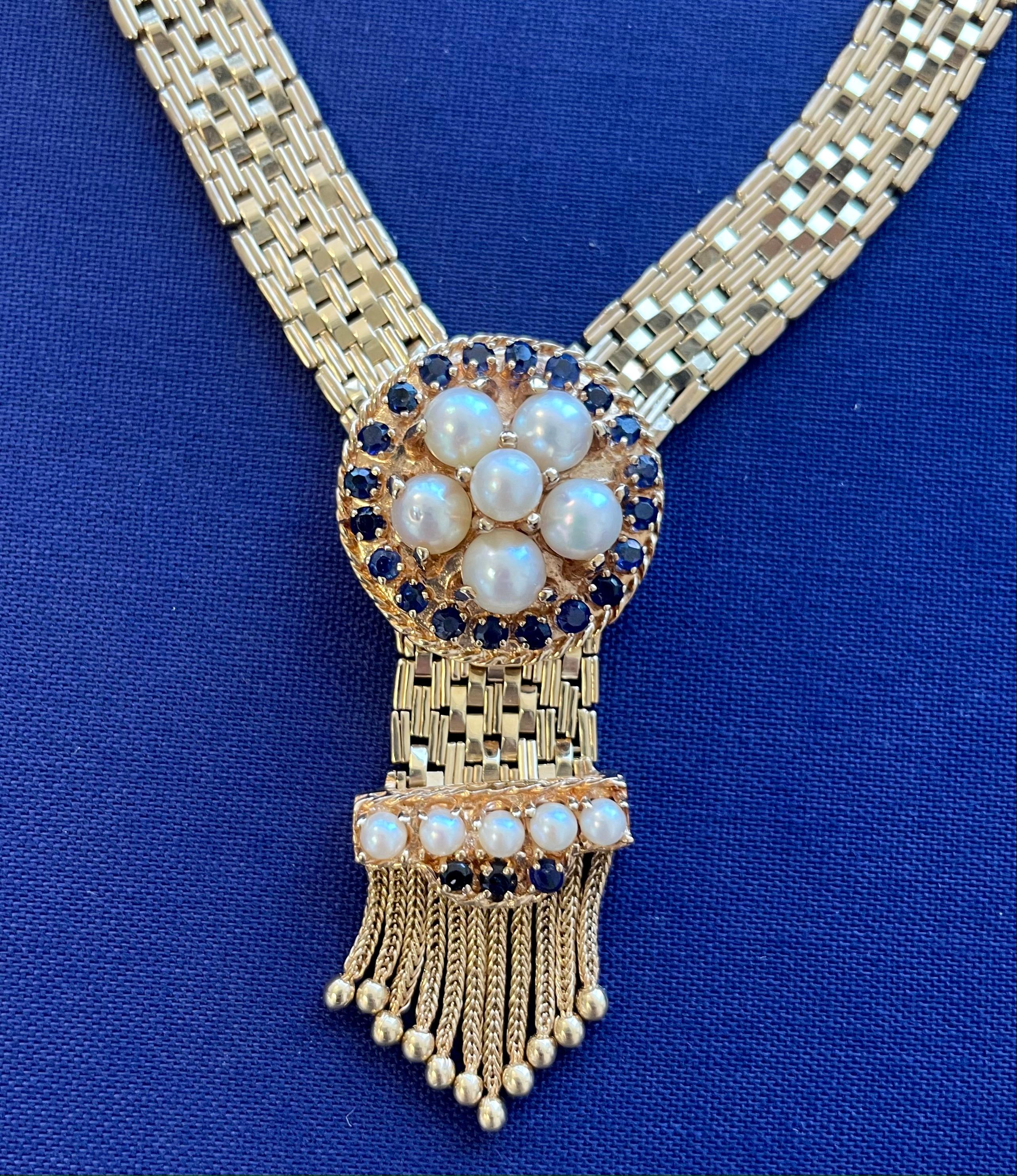 Midcentury Pearl and Sapphire Woven Collar Necklace in 14K Yellow Gold For Sale 1
