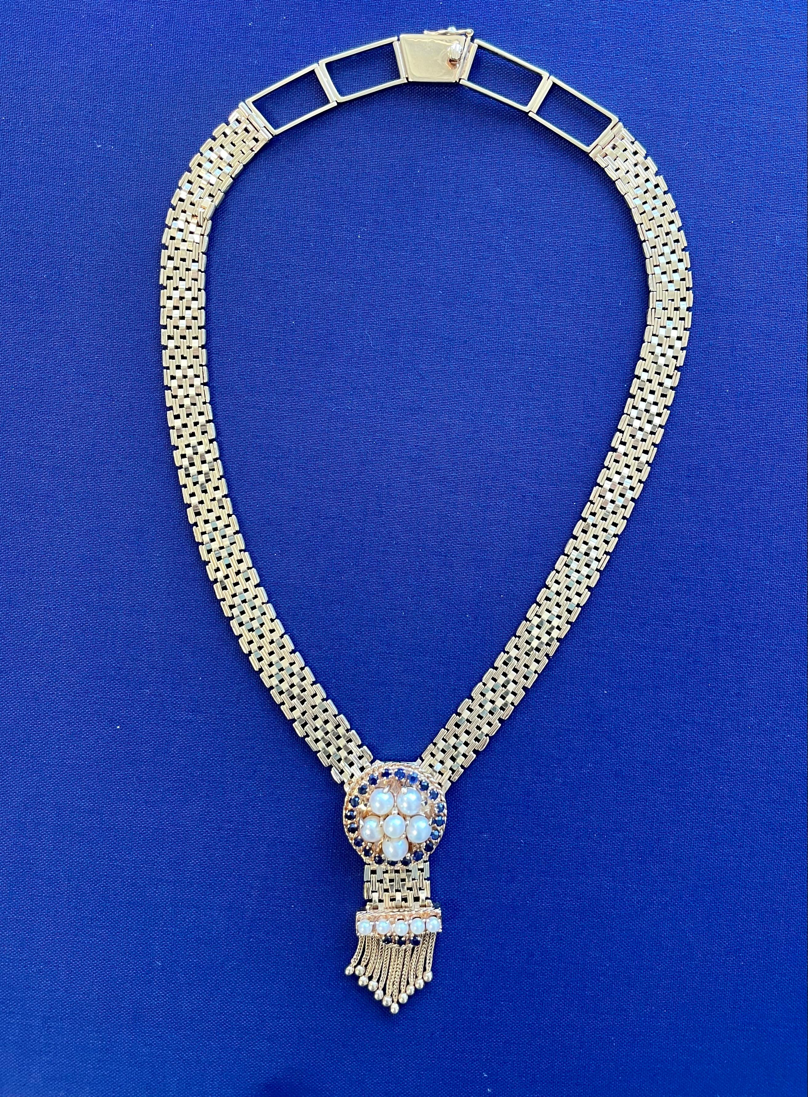 Midcentury Pearl and Sapphire Woven Collar Necklace in 14K Yellow Gold For Sale 2