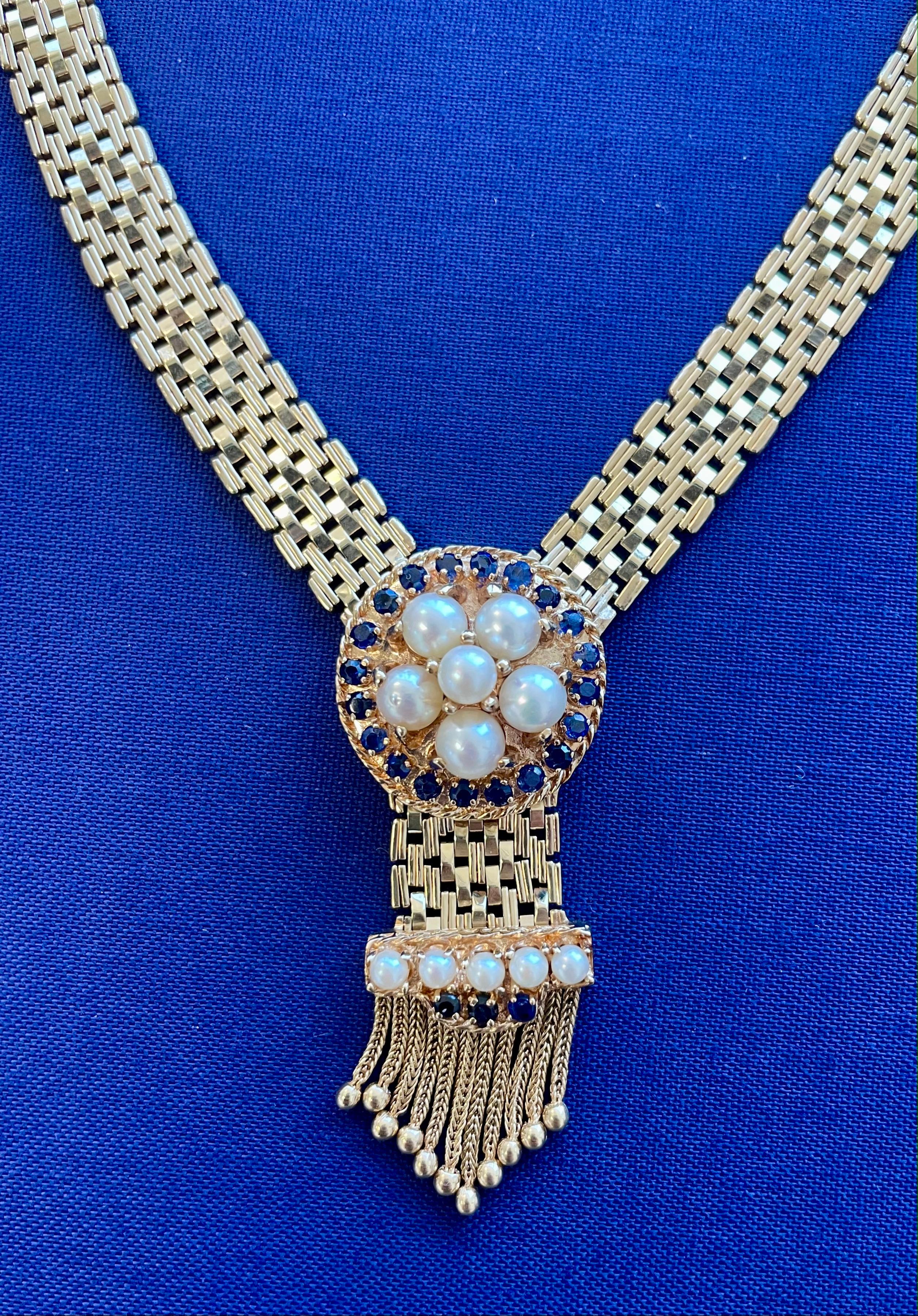 Midcentury Pearl and Sapphire Woven Collar Necklace in 14K Yellow Gold For Sale 3