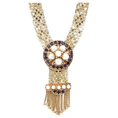 Vintage Midcentury Pearl and Sapphire Woven Collar Necklace in 14K Yellow Gold