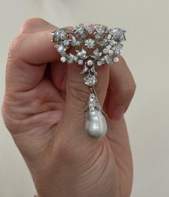 Midcentury Pearl Diamond Gold Brooch Pin