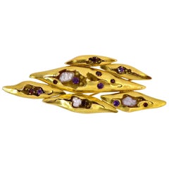 Midcentury Pearl Garnet Gold Brooch