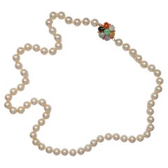 Antique Midcentury Pearl Necklace with Jade Clasp Luxury Cultured Akoya Pearls