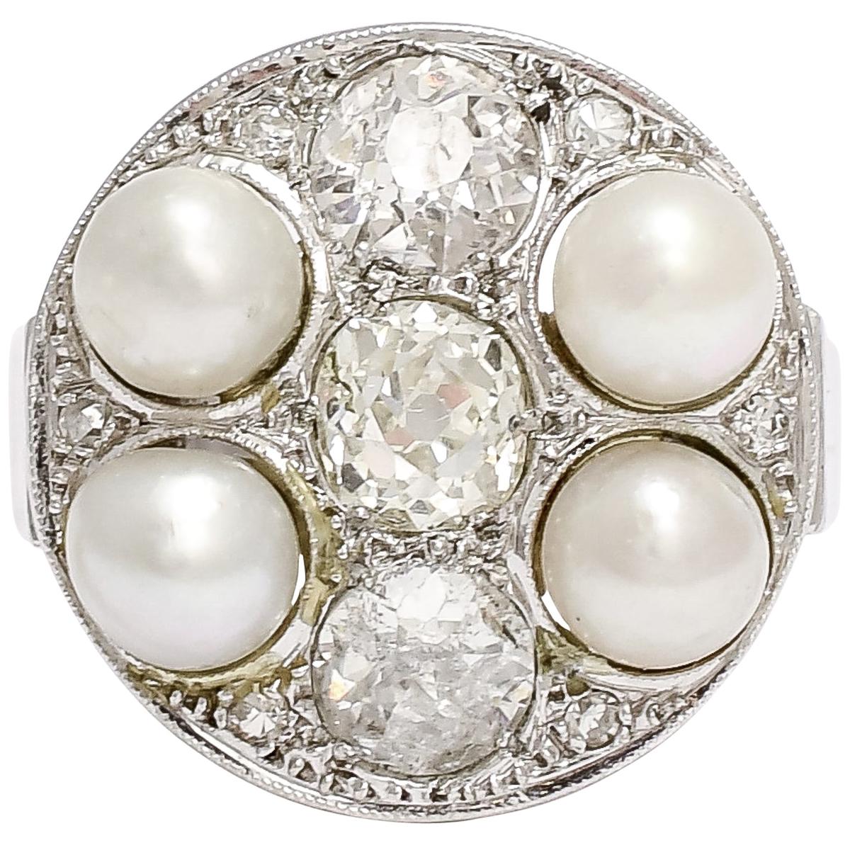 Midcentury Pearl Old Cut Diamond Dish Ring For Sale