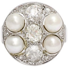 Midcentury Pearl Old Cut Diamond Dish Ring