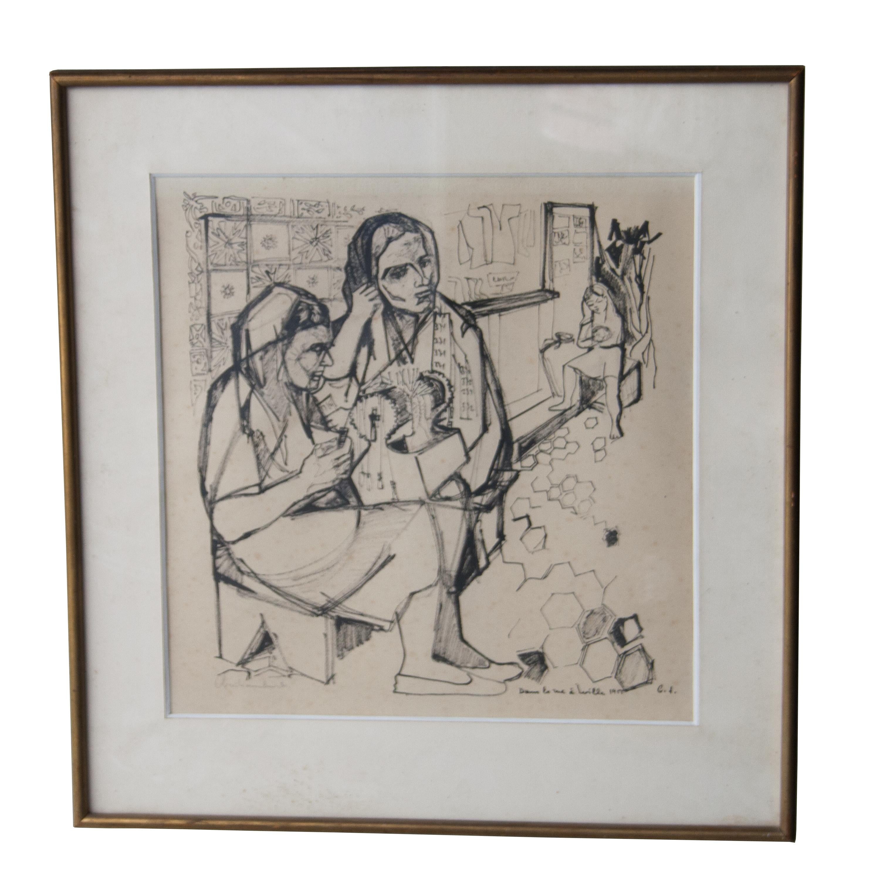 Hand-Painted Midcentury Pen Drawing on Paper, France, 1950 For Sale