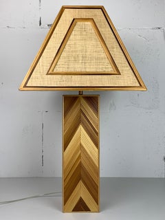 Midcentury pencil reed rattan bamboo and brass coastal table lamp, 1970s
