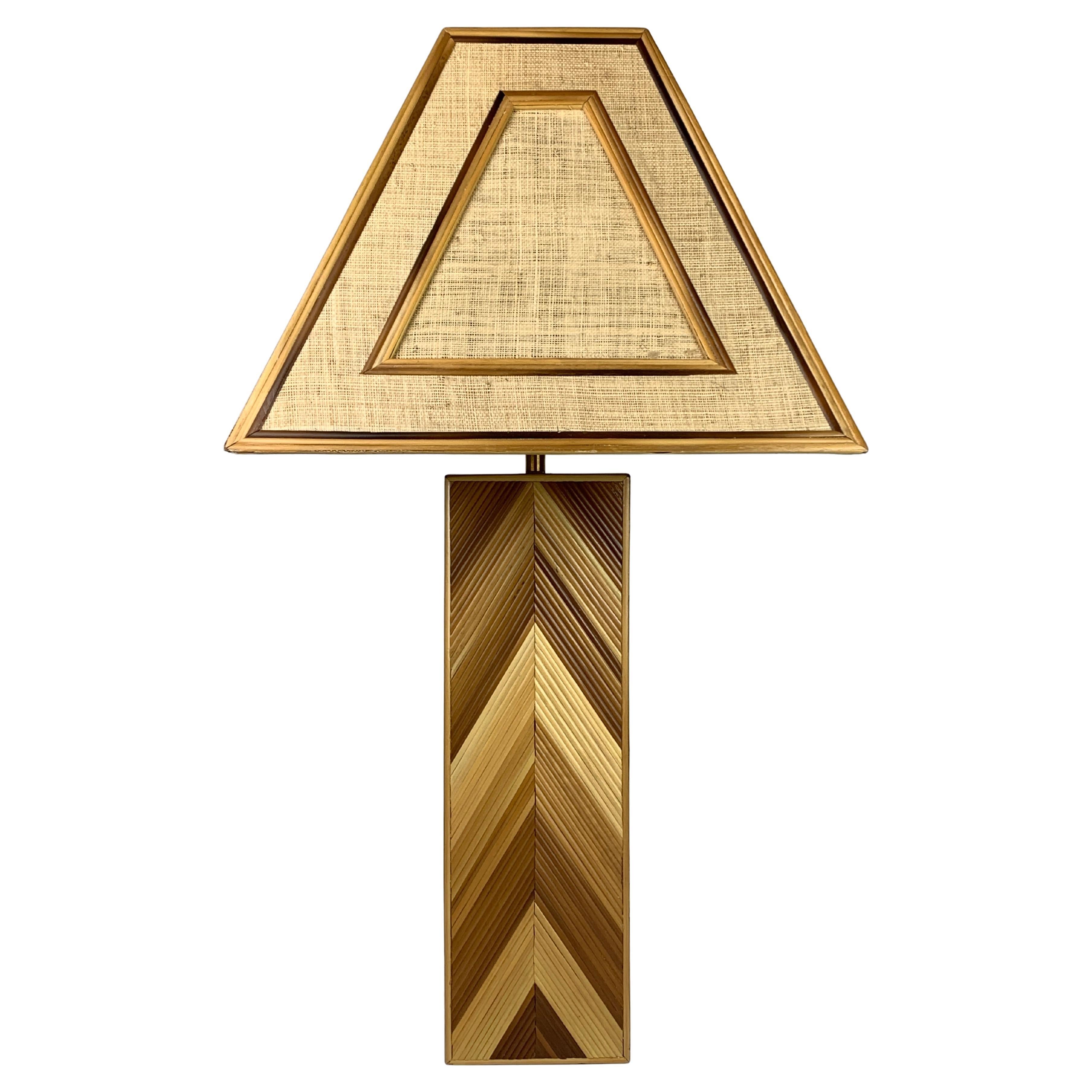 Midcentury pencil reed rattan bamboo and brass coastal table lamp, 1970s