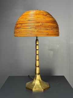 Midcentury pencil reed rattan bamboo and brass table lamp. 1970s