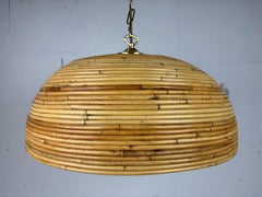Midcentury pencil reed rattan bamboo and brass hanging lamp, Italy, 1970s