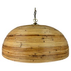 Midcentury pencil reed rattan bamboo and brass hanging lamp, Italy, 1970s