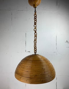 Midcentury pencil reed rattan bamboo pendant hanging lamp, Italy, 1970s