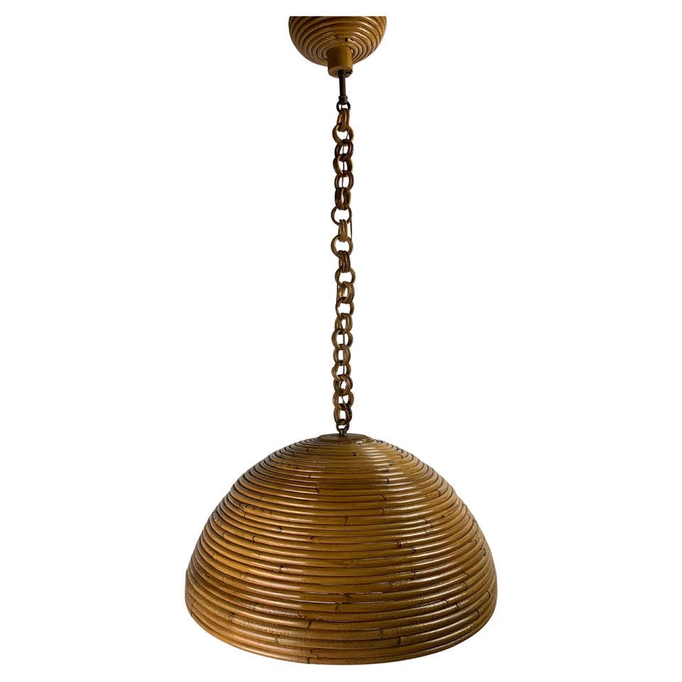 Mid-Century Pencil Reed Rattan Bamboo pendant light. Italy 1970's For ...