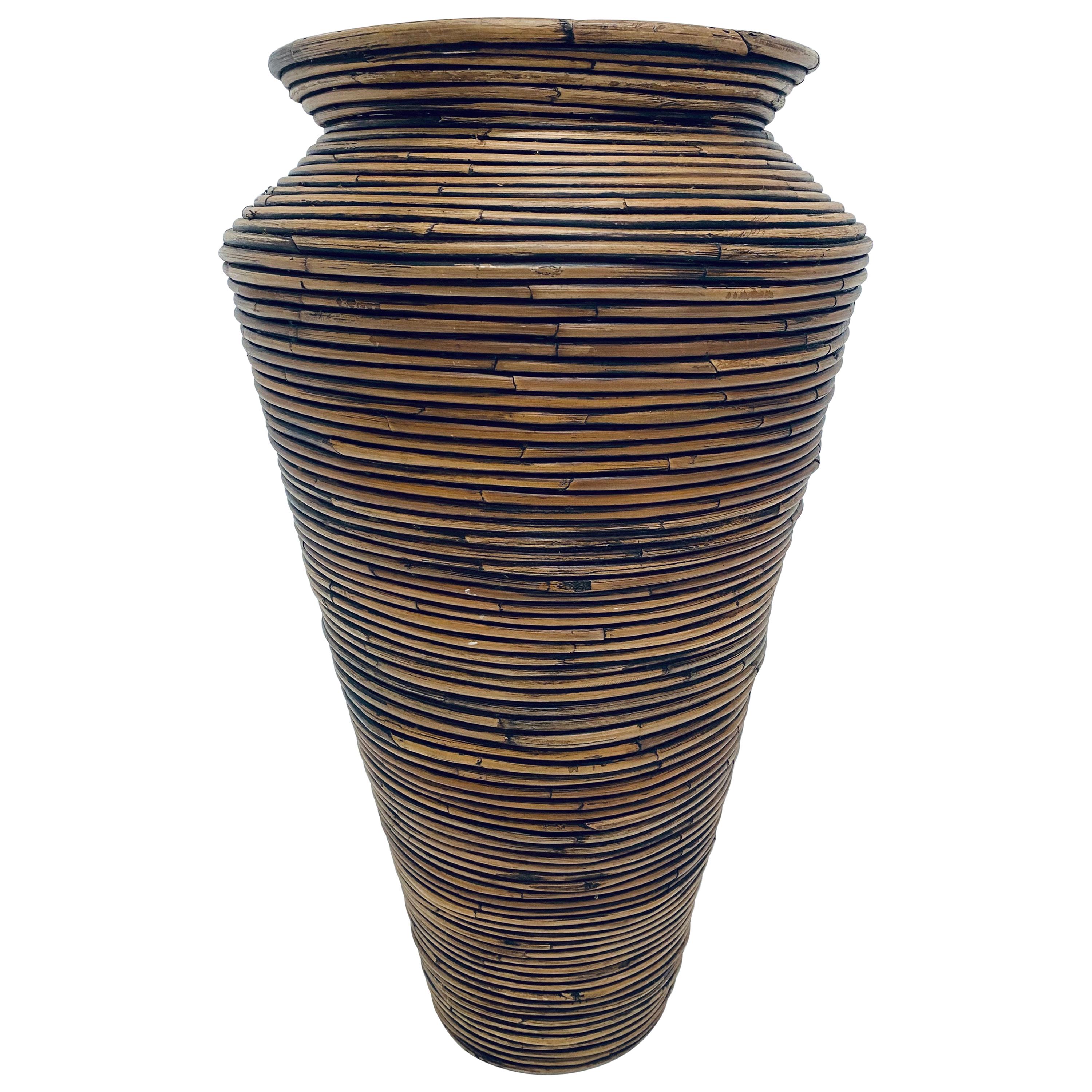 Midcentury Pencil Reed Rattan Floor Vase For Sale
