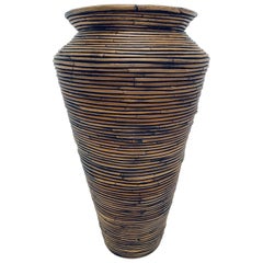 Midcentury Pencil Reed Rattan Floor Vase