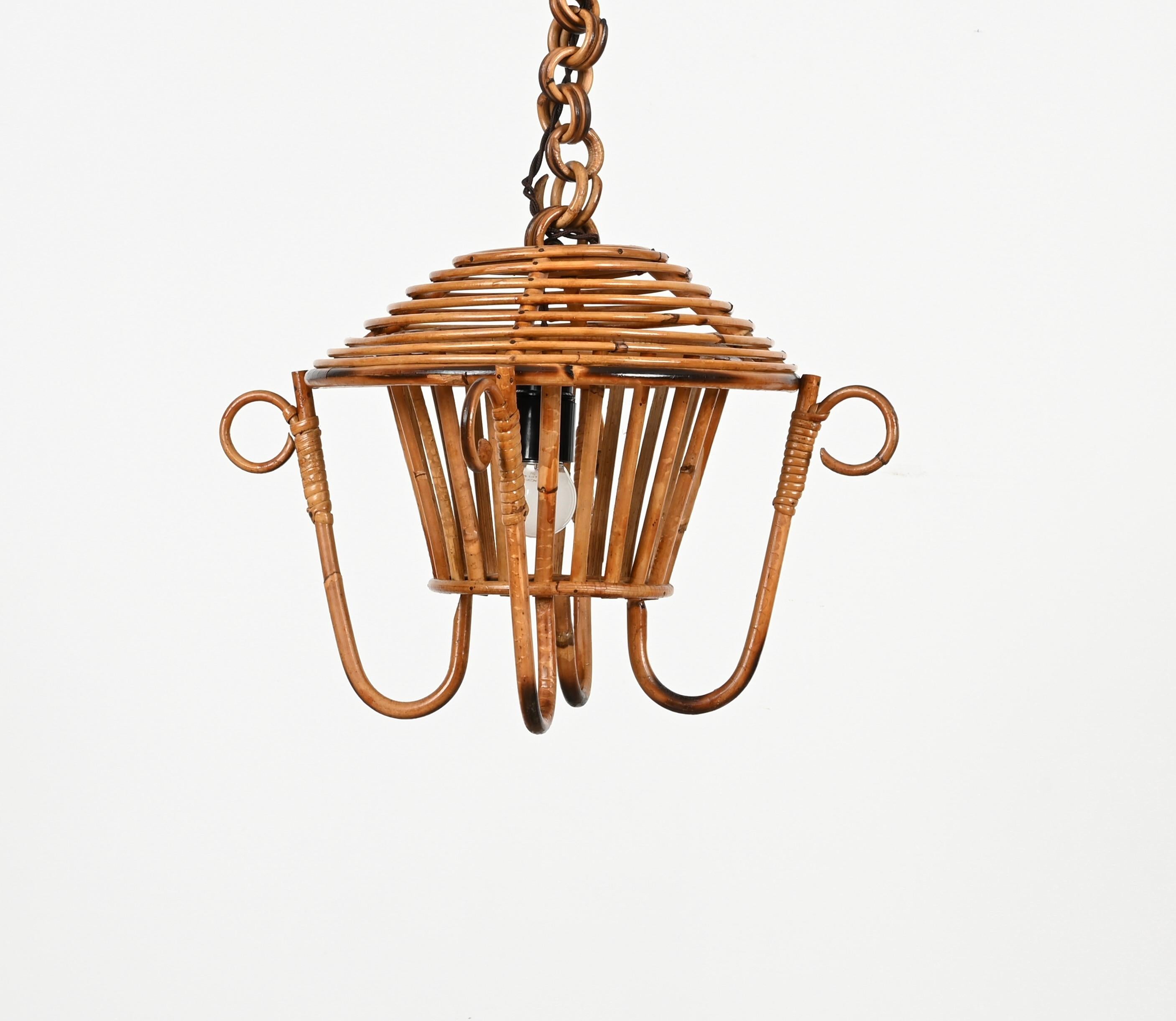 Lampadario a sospensione di metà secolo in bambù, rattan e vimini, Sognot, Francia anni '60 in vendita 3
