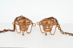 Midcentury Pendant Chandelier in Bamboo, Rattan and Wicker, Sognot, France 1960s