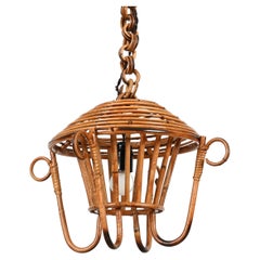 Mid-Century-Hängelampe-Kronleuchter aus Bambus, Rattan und Korbweide, Sognot, Frankreich 1960er Jahre