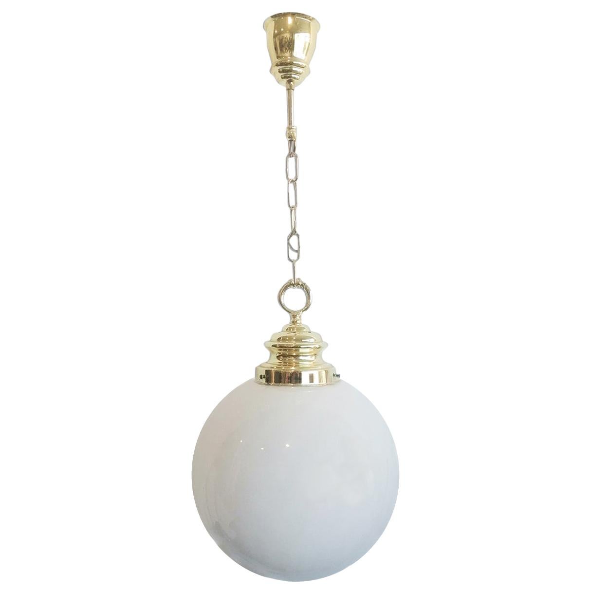 Pendant Gold Chrome Gold Metal with Extra Large Opal Glass Globe For Sale