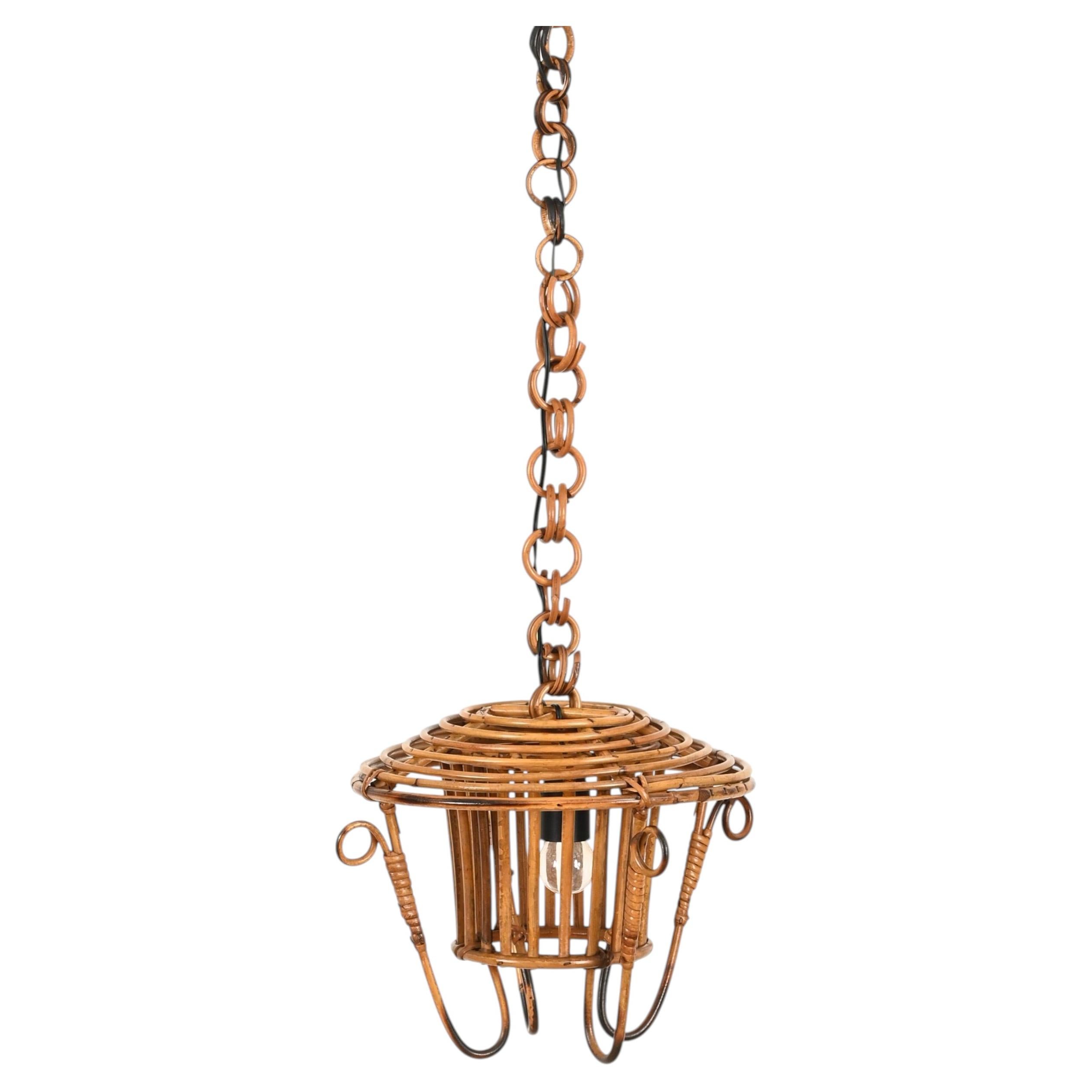 Midcentury Pendant in Bamboo, Rattan and Wicker, Sognot, France, 1960s For Sale