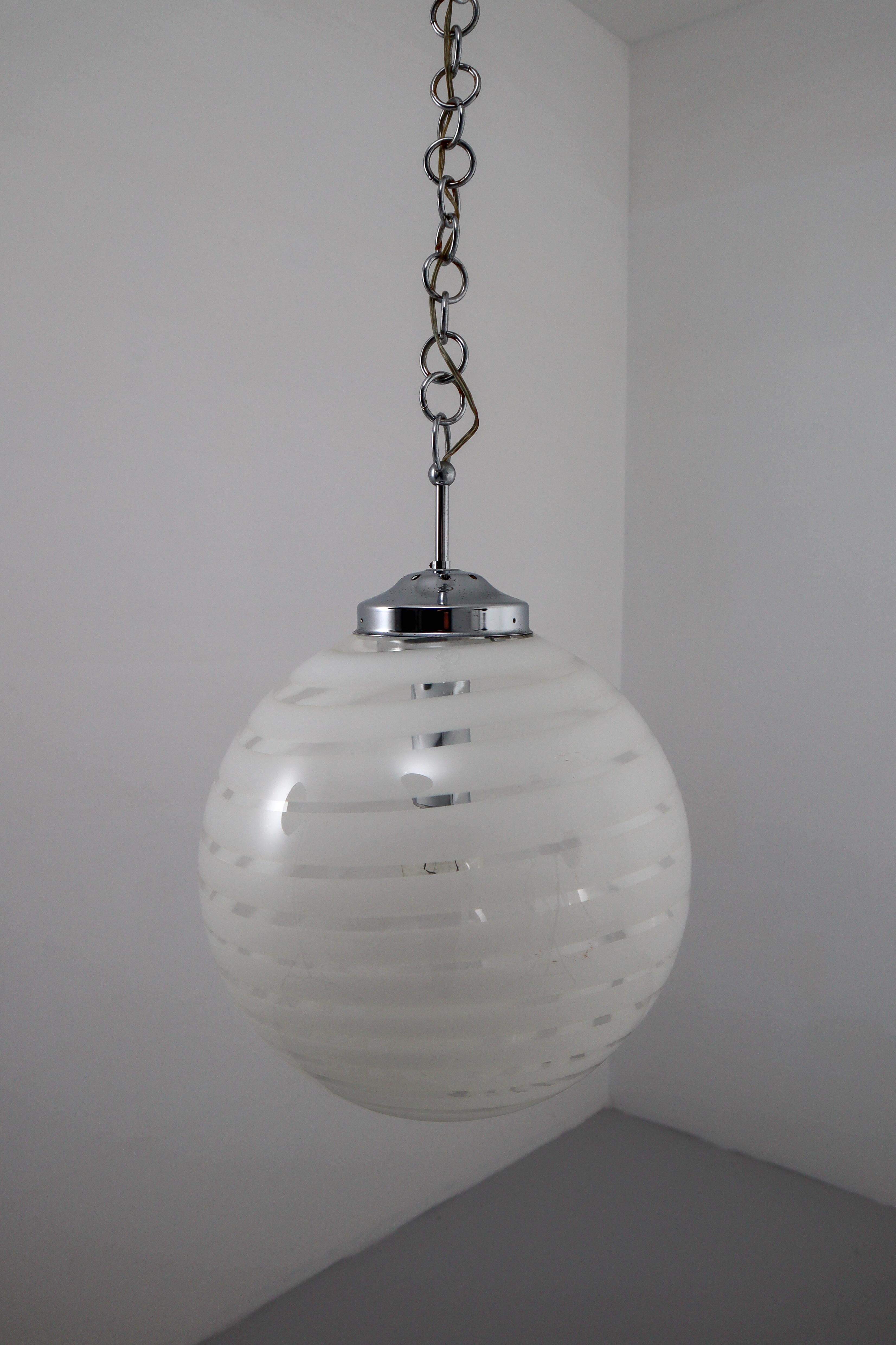 Midcentury Pendant in Chrome and Art-Glass with White Streaks, Germany, 1970s For Sale 5