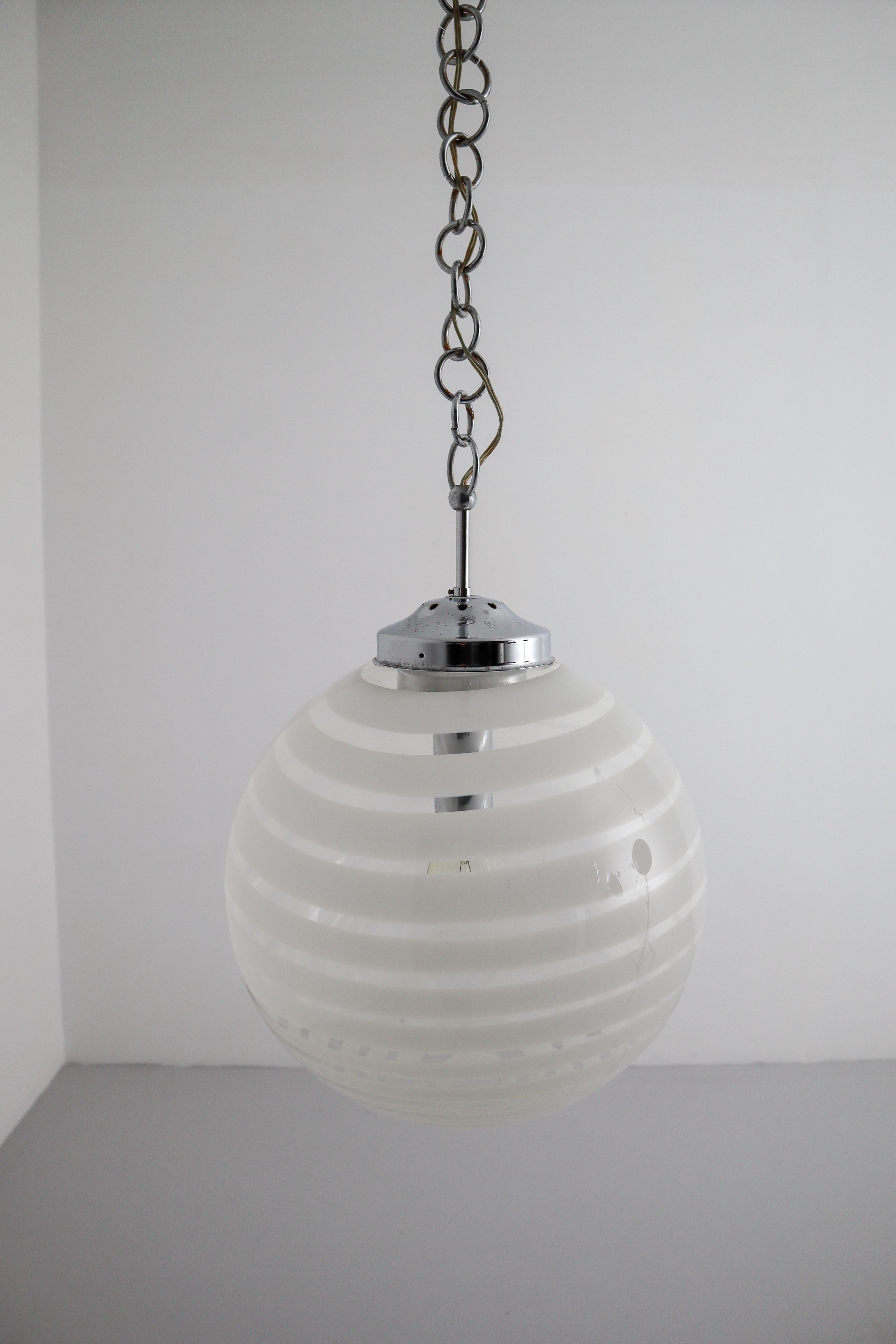 Midcentury Pendant in Chrome and Art-Glass with White Streaks, Germany, 1970s For Sale 6