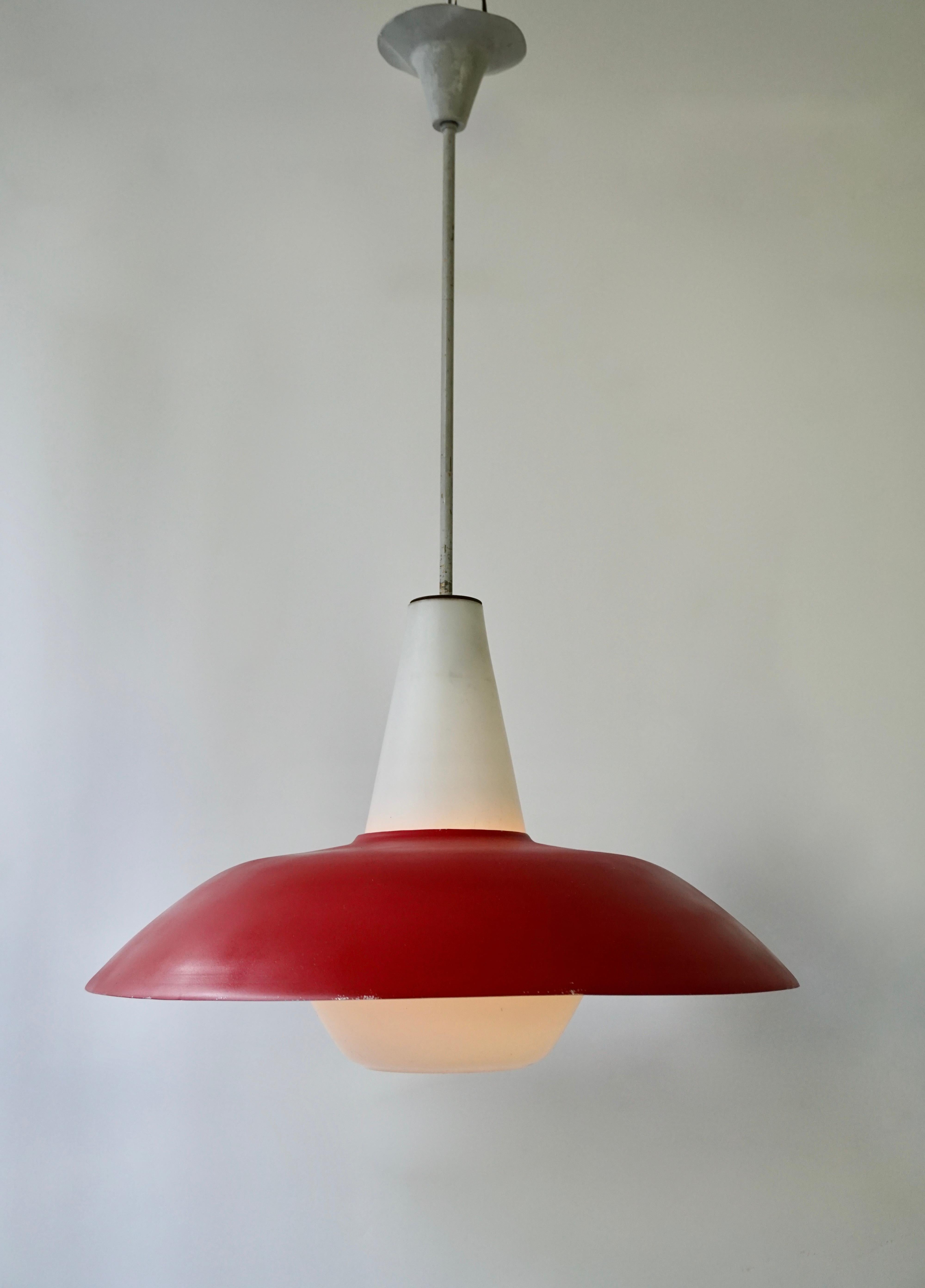 Italian Midcentury Pendant in Metal and Opaline Glass For Sale